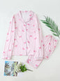 Cute 2-piece pajama set with elegant pink bow prints displayed beautifully for cozy sleepwear, feminine loungewear, and luxury self-care gifting.