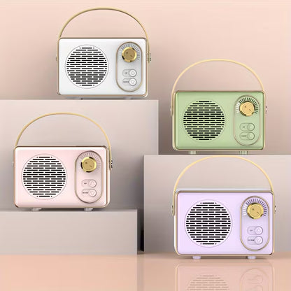 Retro-style portable Bluetooth speaker with gold accents and carry handle placed beside piano keys.