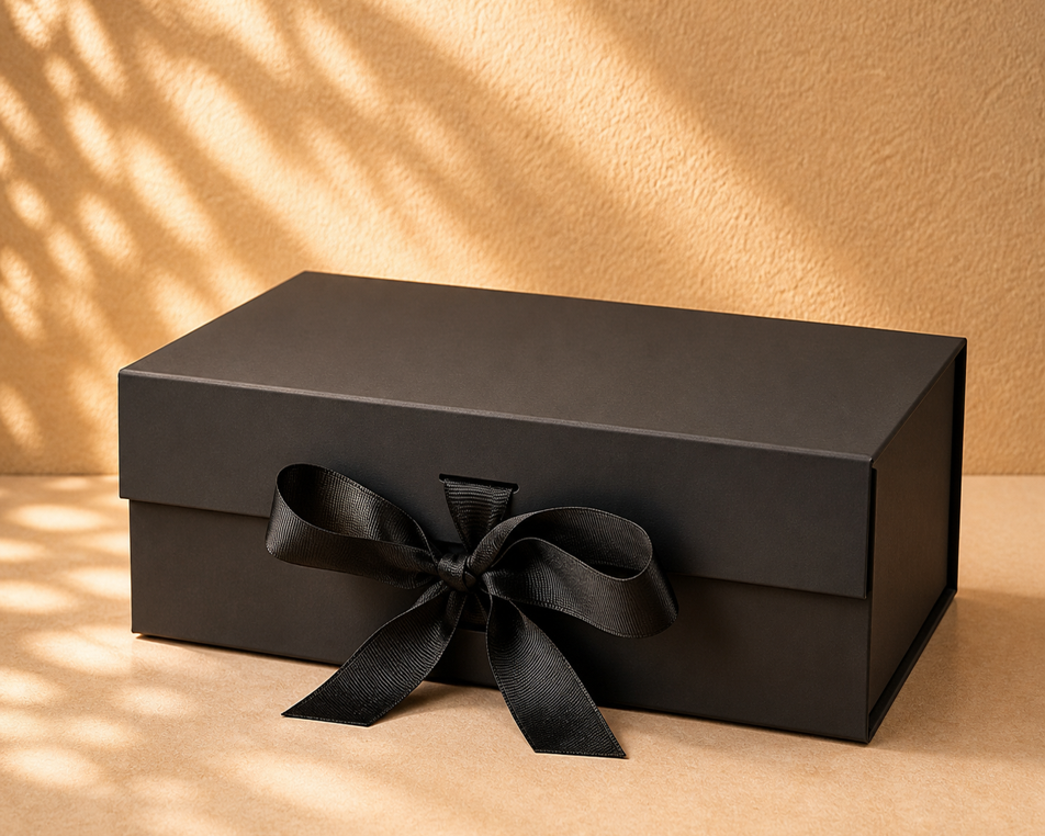 Black premium gift box with ribbon bow, elegant matte packaging box on neutral background