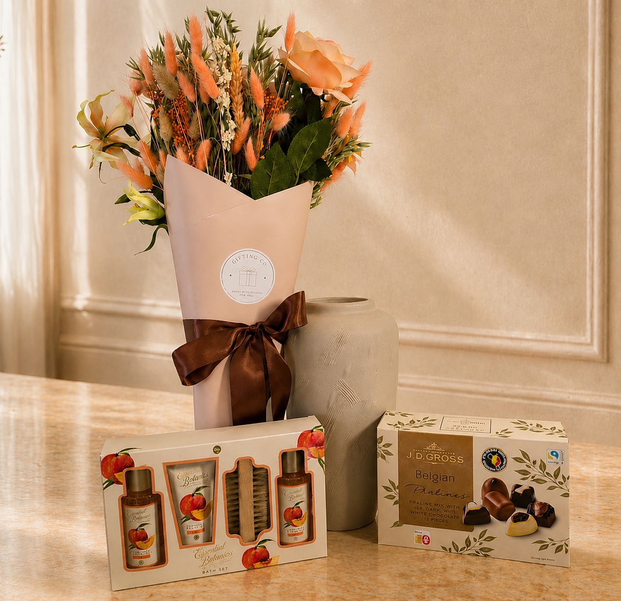 Premium dried flower gift collection featuring a peach-toned dried bouquet, luxury chocolates, and optional self-care essentials, beautifully presented for special occasions.