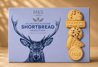 M&S Food All Butter Scottish Shortbread Selection box, featuring a light blue background with a dark blue deer illustration and a stack of four golden-brown shortbread cookies on the right side.