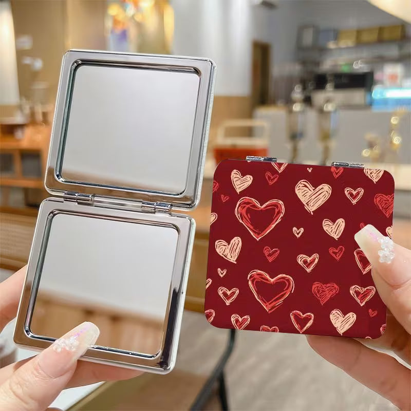 Red heart print compact mirror open and closed, ideal for gift boxes and Valentine’s Day gifts
