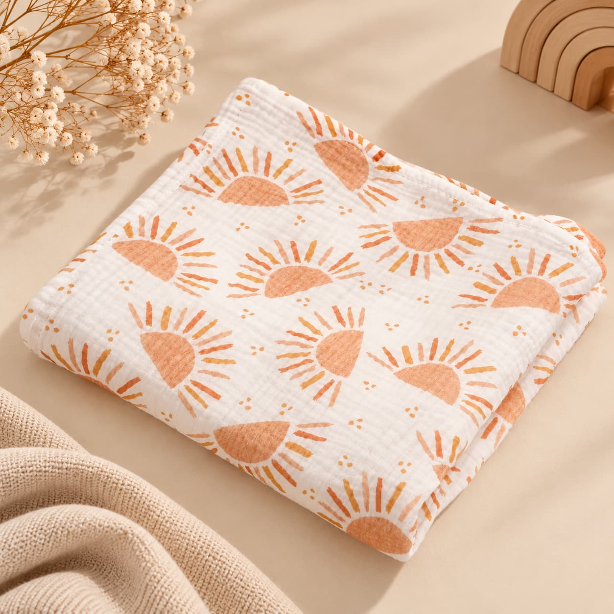 Soft white muslin baby swaddle blanket with warm orange sun print styled on a neutral boho-minimal background.