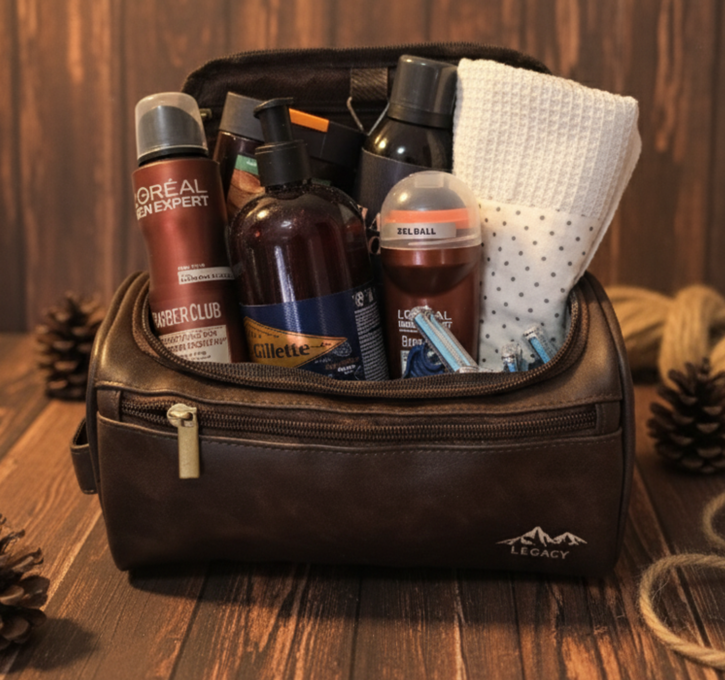 Men’s grooming and travel gift set in a brown leather Legacy toiletry bag filled with premium grooming essentials including deodorant, shower gel, shampoo, razors, and a rolled towel, styled on a wooden background with warm lighting. Gifting CY gift online shop cyprus and europe