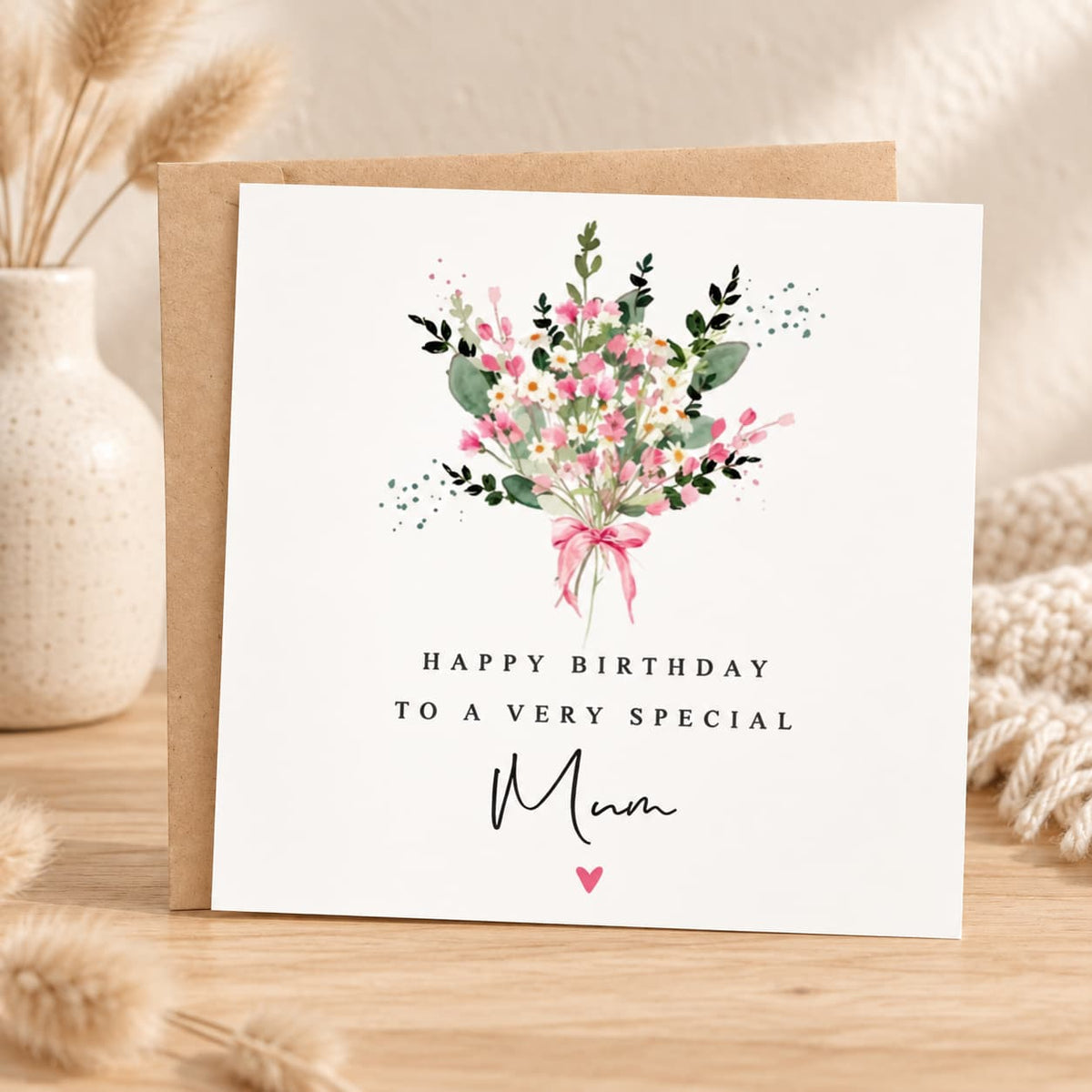 Happy Birthday to a Very Special Mum floral greeting card with pink watercolor bouquet and kraft envelope on a warm minimal boho background.