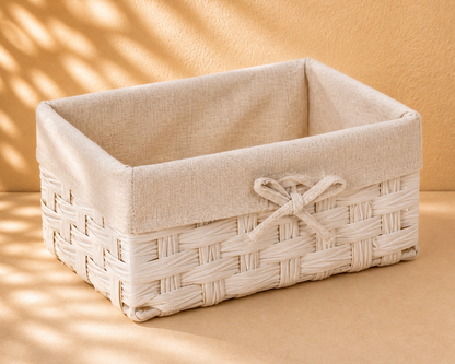 White woven gift basket with fabric lining and ribbon detail, elegant gift packaging basket