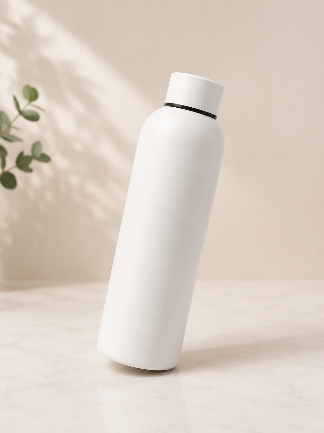 White insulated stainless steel water bottle with screw-top lid, suitable for personalised printing.