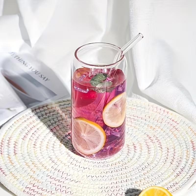 Clear Glass Tumbler Set with Lids & Straws, Beer Can Style Cups for Iced Coffee, Tea & Cocktails