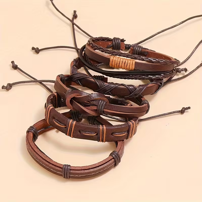 Heritage Woven Leather Bracelet Set, Five Vintage-Inspired Pieces for Layered Everyday Style