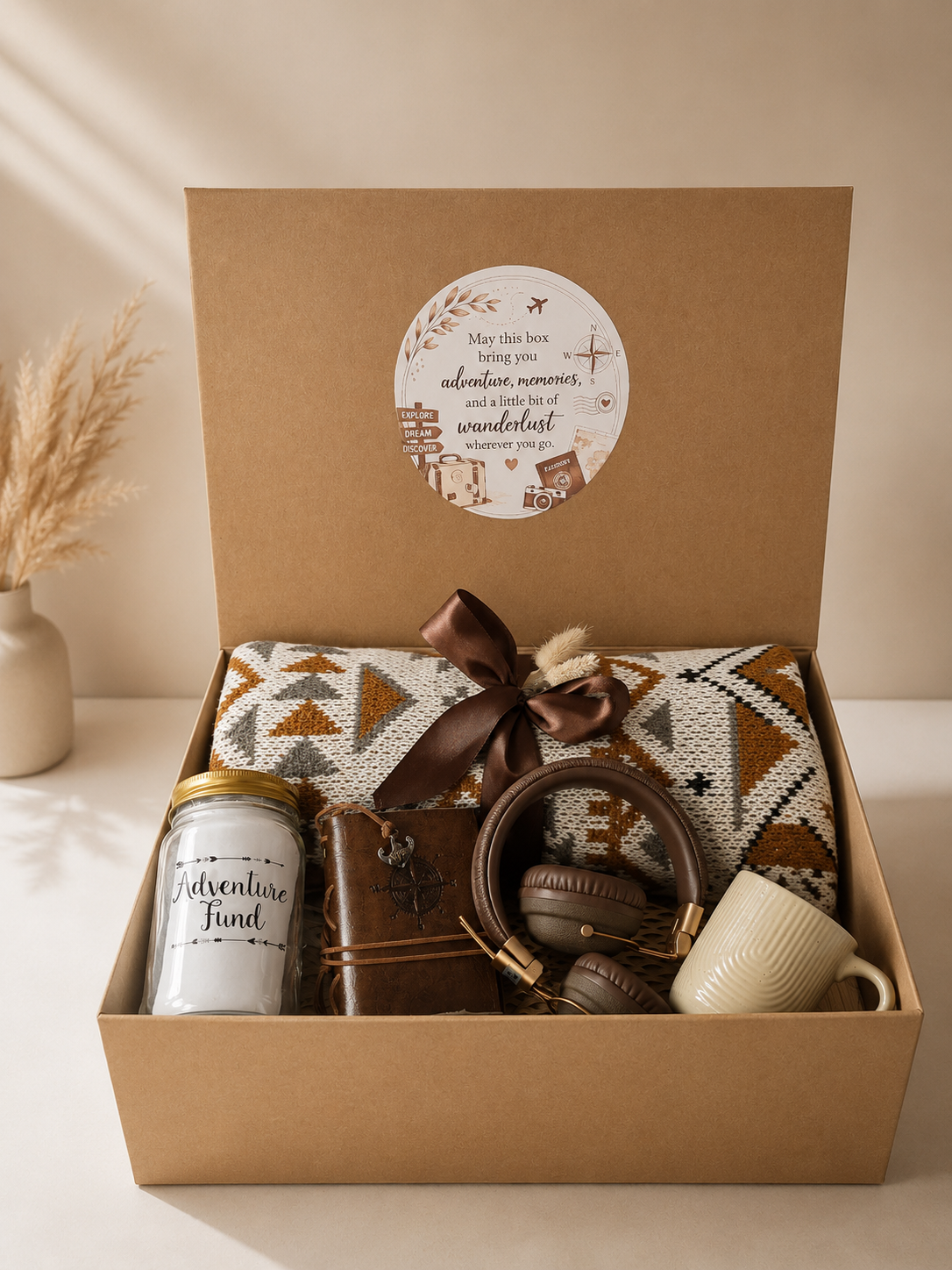 Travel gift box with a cozy patterned blanket, wireless headphones, adventure journal, travel fund jar, and coffee mug arranged in a kraft gift box against a vintage world map background. A thoughtful wanderlust-themed gift set designed for travel lovers and adventure seekers.