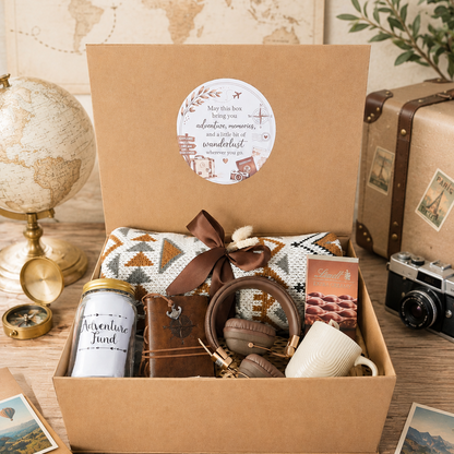 Travel-themed gift box with a large boho blanket, adventure savings jar, leather notebook, brown headset, ceramic mug, and luxury chocolate arranged in a cozy adventure-inspired setting.