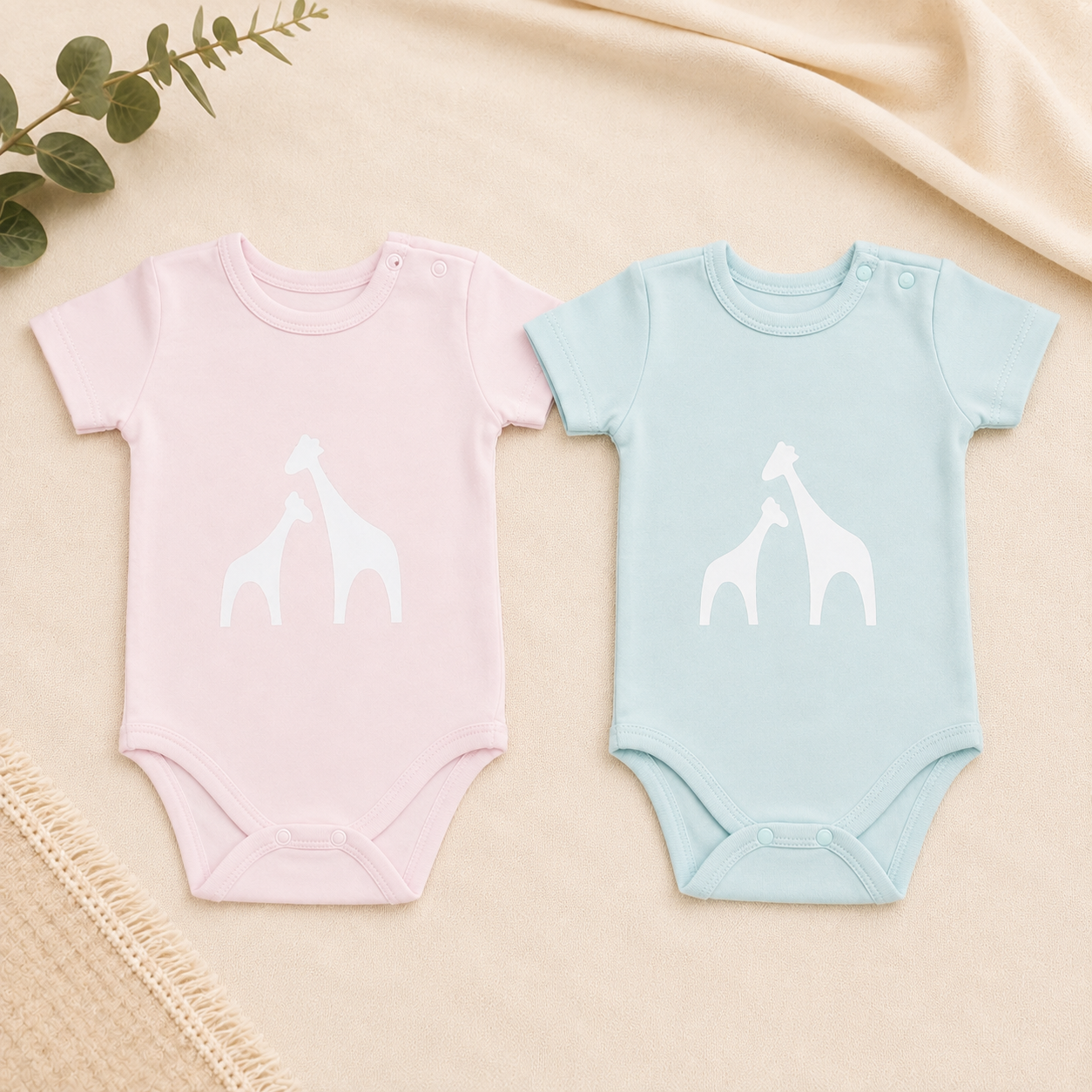 Mokkiry cotton baby bodysuit with giraffe print, available in pink and blue, size 3–6 months.