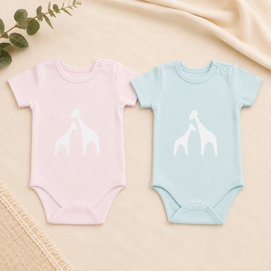 Mokkiry cotton baby bodysuit with giraffe print, available in pink and blue, size 3–6 months.