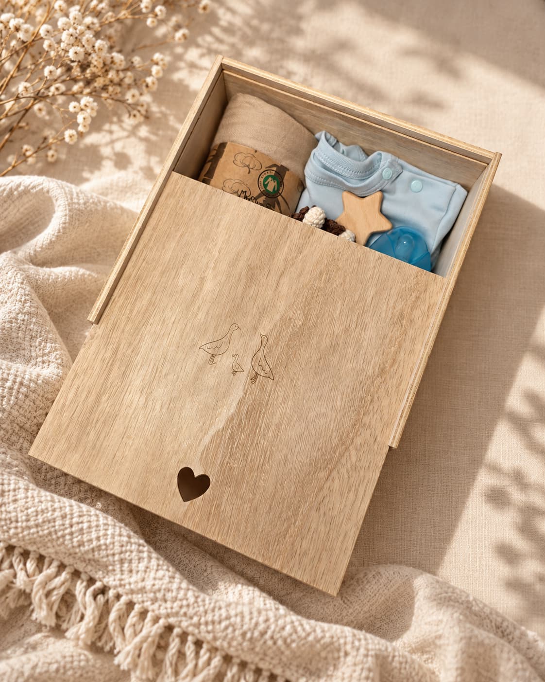 Open wooden newborn baby keepsake gift box with muslin blanket, 100% cotton onesie, glass baby bottle, rattle, pacifier holder, and newborn hair brush in a warm neutral boho setting.