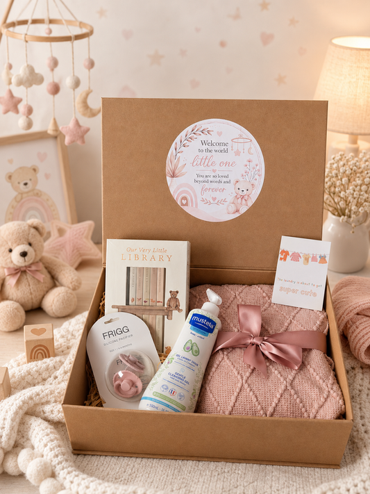 Luxury newborn baby girl gift box with educational mini library books, Mustela baby cleansing gel, FRIGG pacifier, pink knitted blanket, and soft nursery-themed packaging.