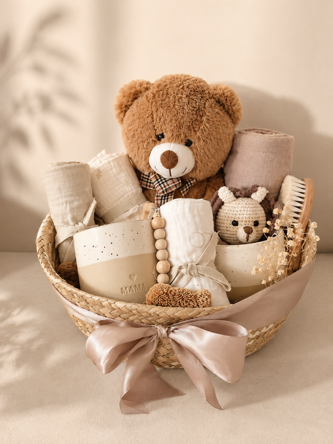 Minimal boho baby gift basket with brown teddy bear, neutral muslin cloths, ceramic baby keepsakes, wooden brush, crochet toy, dried flowers and blush ribbon.