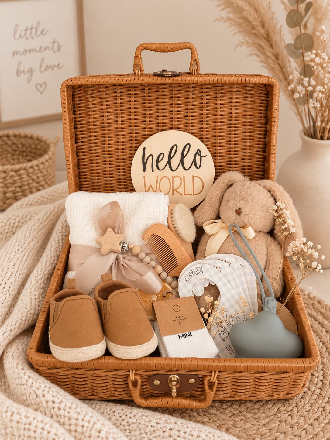 Newborn baby gift basket with plush bunny, baby brush, comb, socks, shoes and Hello World keepsake plaque