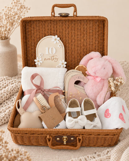 Baby gift suitcase with pink plush toy, cotton blanket, ballerina shoes, milestone pieces and baby accessories