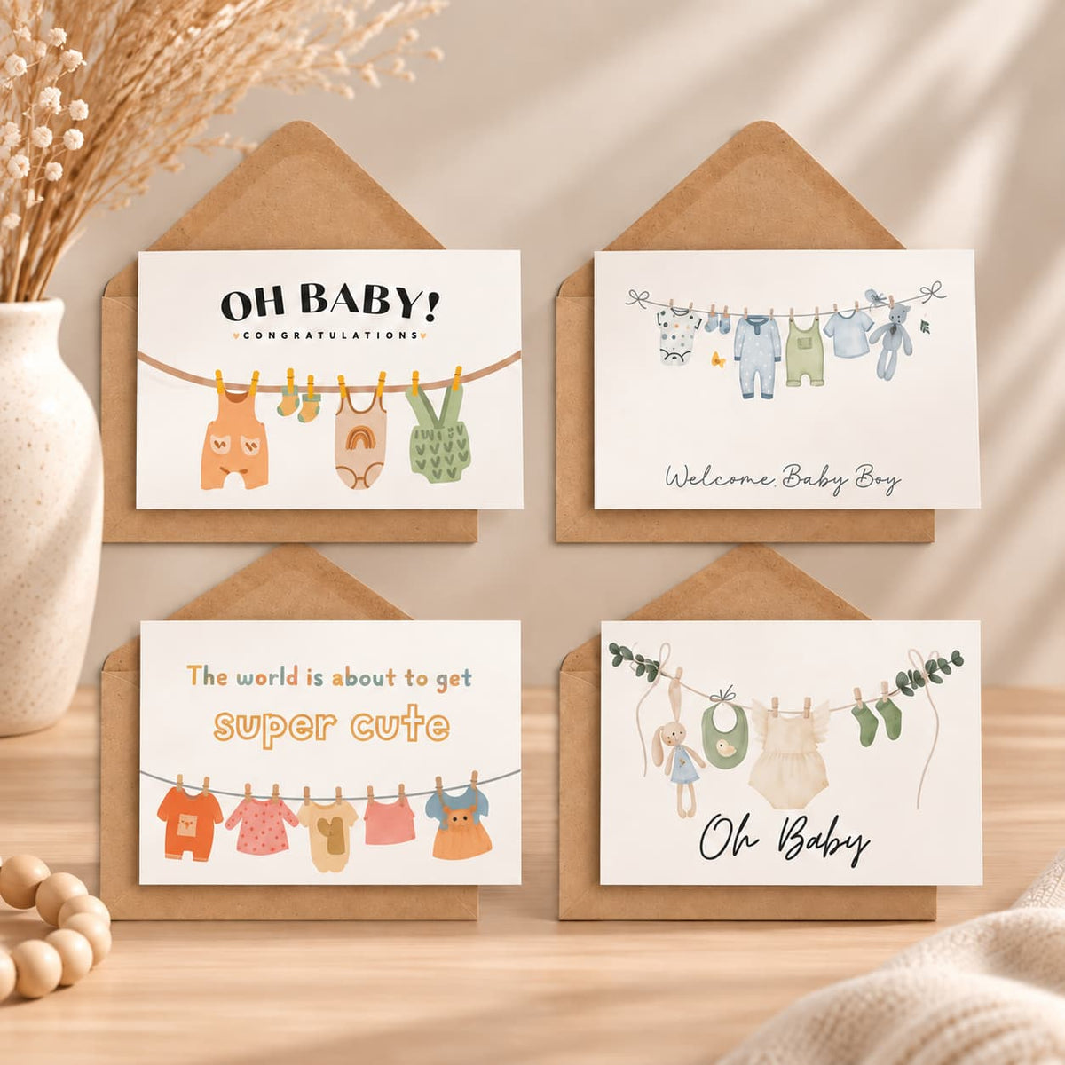 Shop  assorted baby congratulations cards with kraft envelopes, featuring 4 charming watercolor designs for baby showers and new parents.