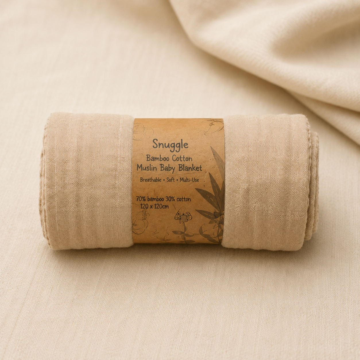 Rolled beige muslin baby blanket with kraft paper packaging on neutral fabric background.