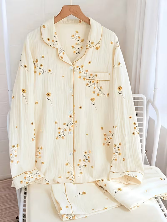 Yellow Floral Pajama Set – Cozy 2-Piece Sleepwear for Women