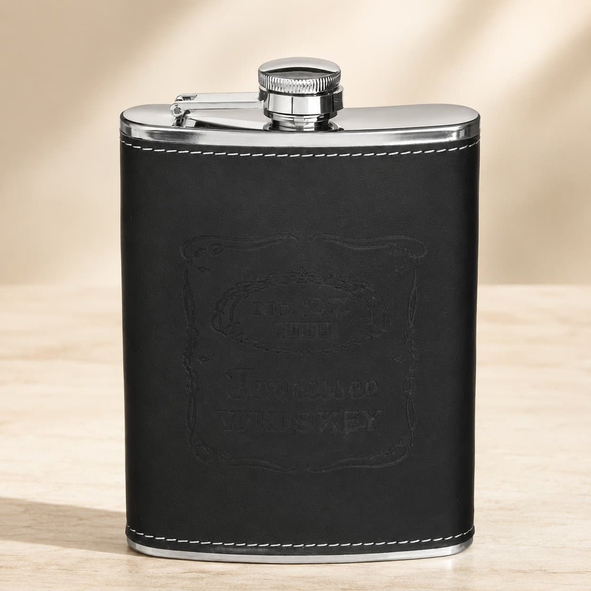 Black Leather Stainless Steel Whiskey Flask, 240ml - Gifting CY - Cyprus -