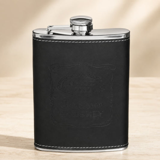 Black Leather Stainless Steel Whiskey Flask, 240ml - Gifting CY - Cyprus -