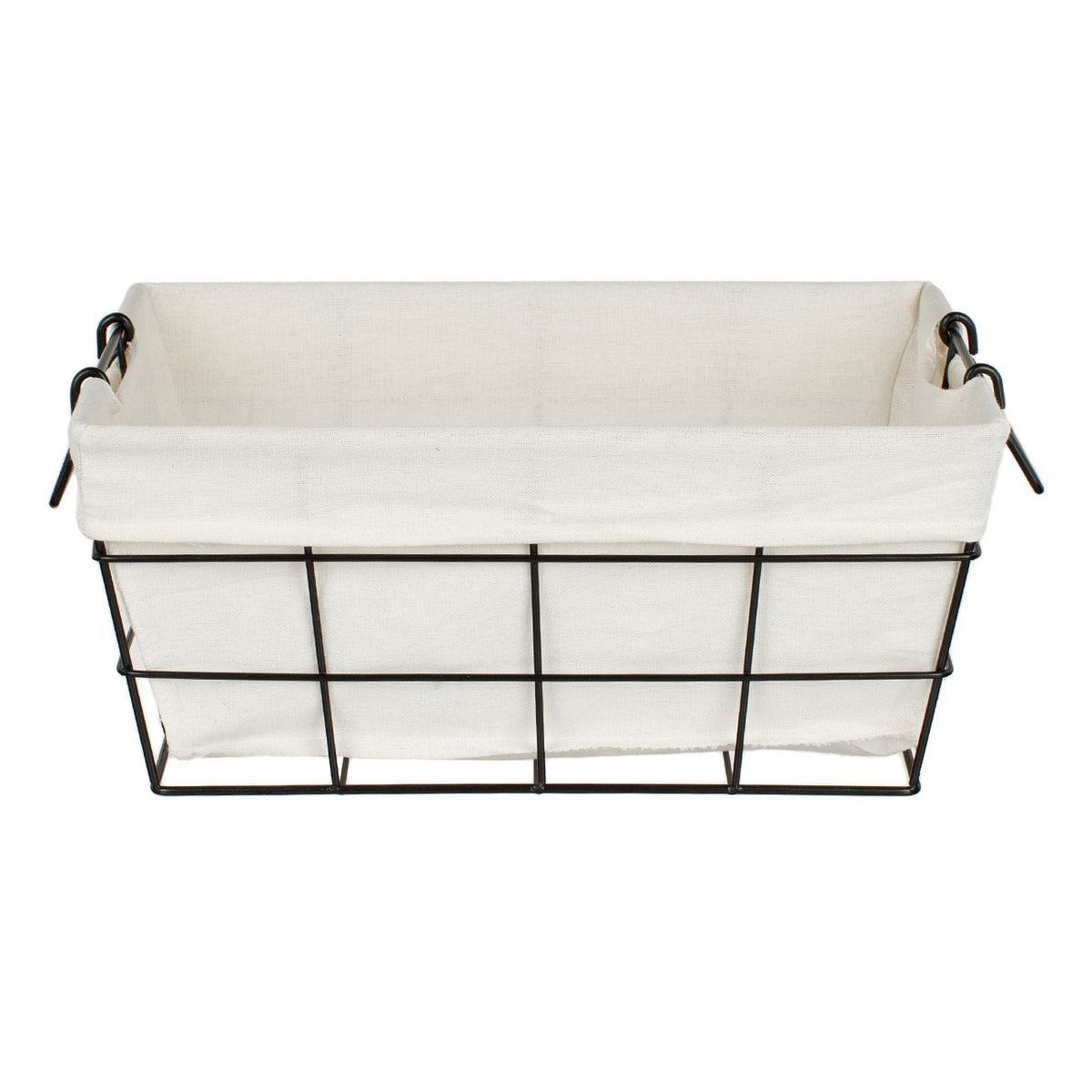 Black metal storage basket with ecru fabric lining and handles, 35 cm