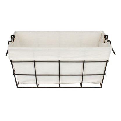 Black metal storage basket with ecru fabric lining and handles, 35 cm