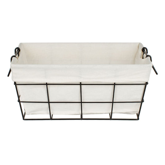 Black metal storage basket with ecru fabric lining and handles, 35 cm