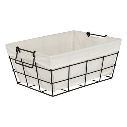 Black open wire storage basket with ecru fabric lining and metal handles