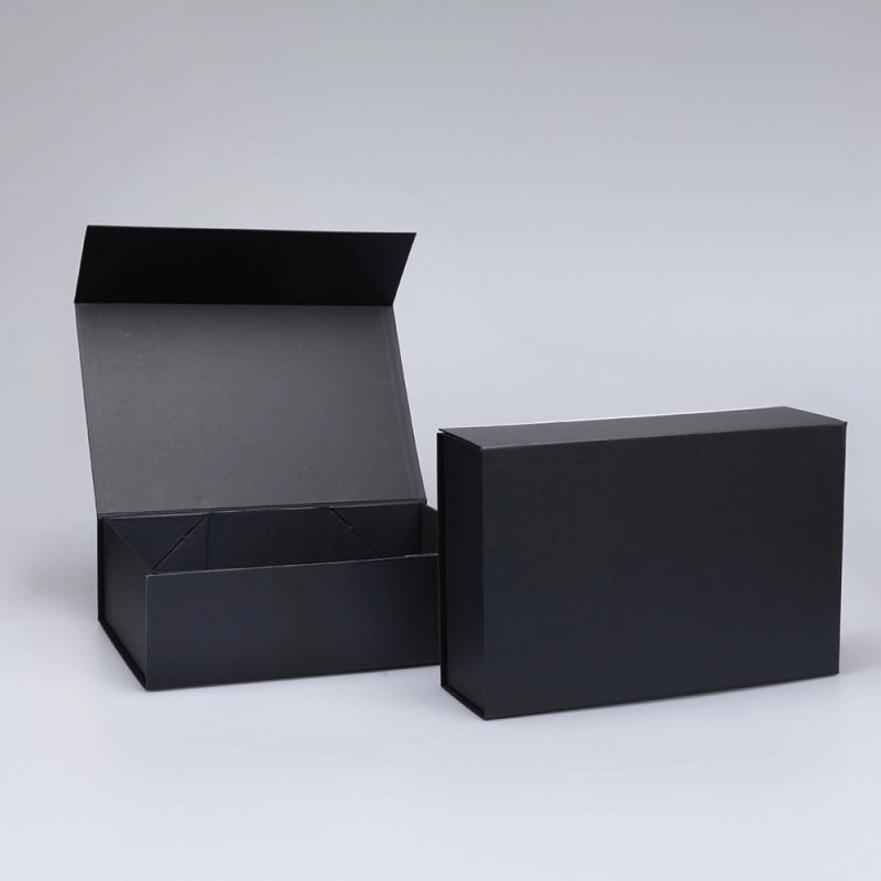 Black magnetic gift box with lid open and closed, showing sturdy structure and sleek design on a neutral background.
