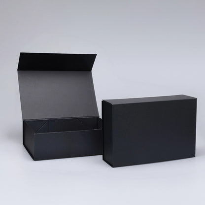 Black magnetic gift box with lid open and closed, showing sturdy structure and sleek design on a neutral background.