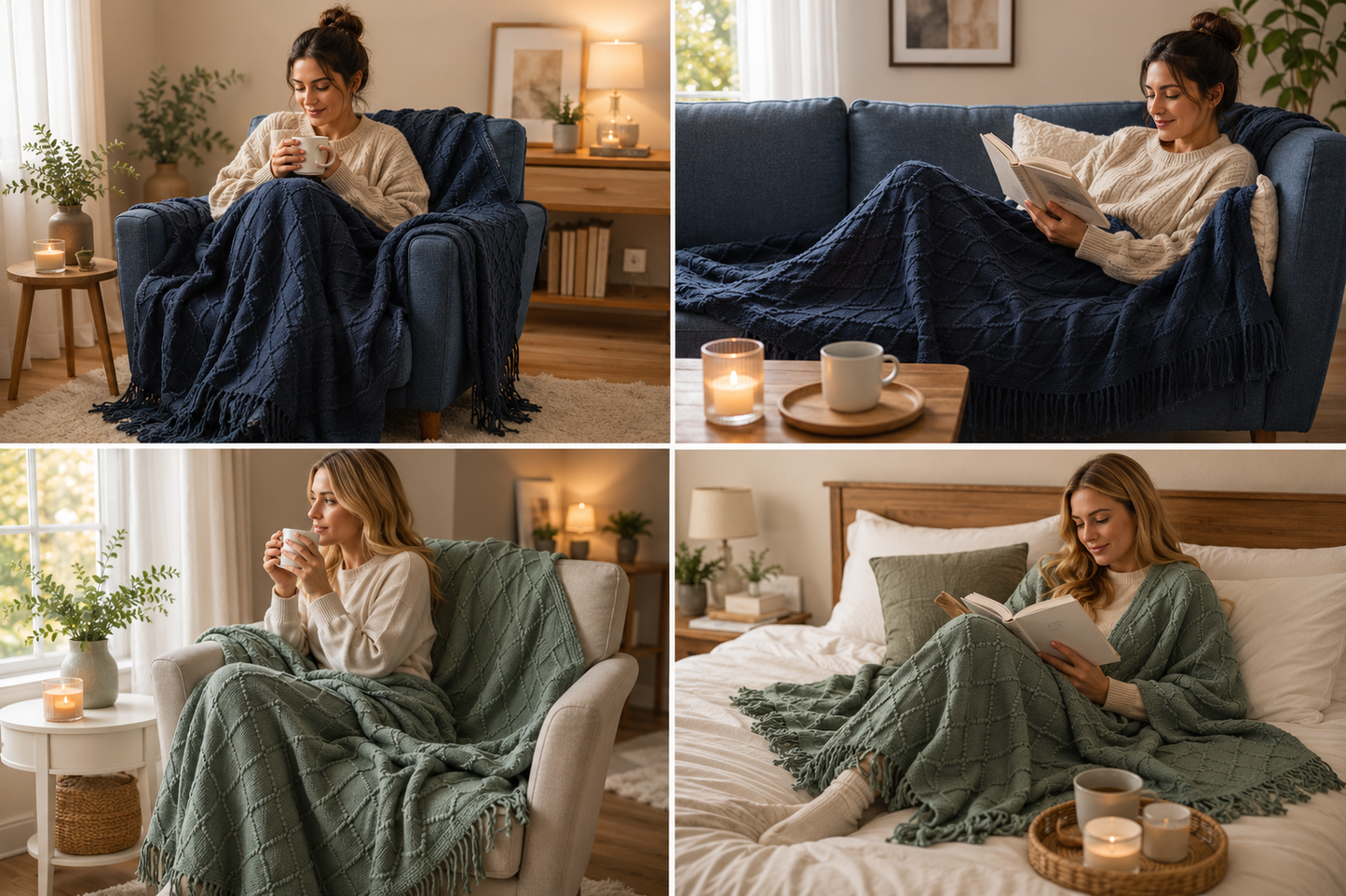 Navy blue knitted throw blanket with an elegant diamond pattern and fringe detailing draped over a blue armchair in a cosy living room setting.