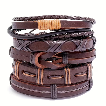 Heritage Woven Leather Bracelet Set, Five Vintage-Inspired Pieces for Layered Everyday Style