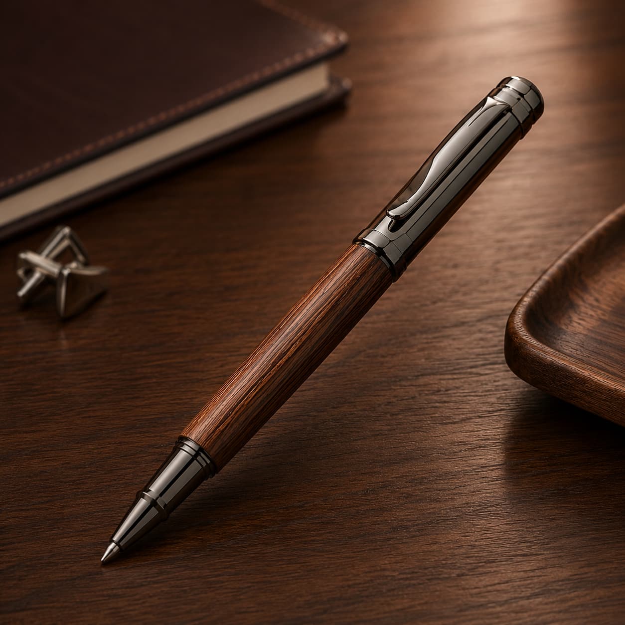 Executive Wooden & Metal Ballpoint Pen, Reusable Signature Pen with Clip Cap and Refills