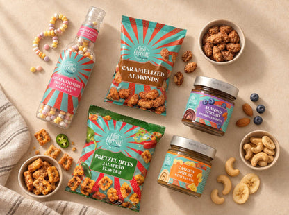 A styled flat-lay of Fresh Festival snack products on a beige surface, including a candy bottle, caramelized almonds bag, pretzel bites bag, lemonade spread jar, cashew spread jar, and nuts in bowls.