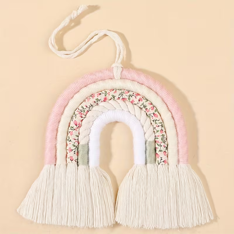 Boho Rainbow Wall Hanging, Hand-Woven Decorative Accent for Bedroom, Nursery & Home Styling