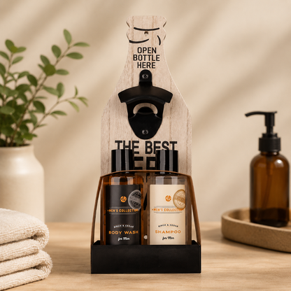 Men's grooming gift set featuring birch and cedar body wash, shampoo, and wooden wall-mounted bottle opener presented in stylish masculine gift packaging on a neutral background.