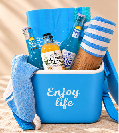 Enjoy Life beach cooler gift set with refreshing drinks, Hammam towels, beach mat and drawstring beach bag