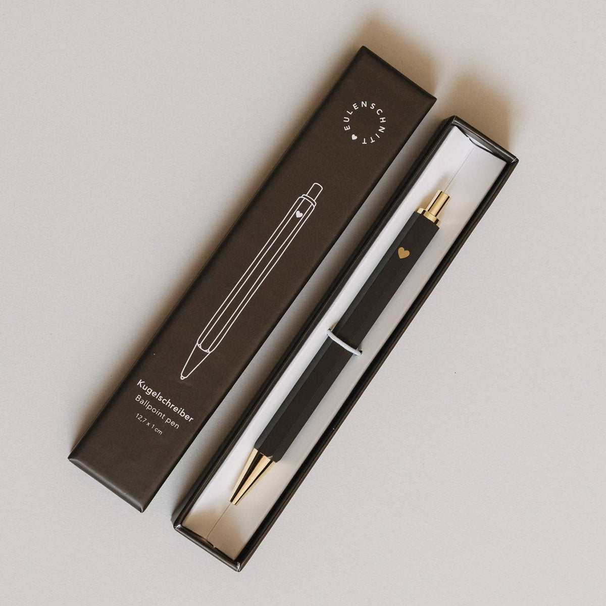 Eulenschnitt brown ballpoint pen with gold-tone details displayed in its presentation box.