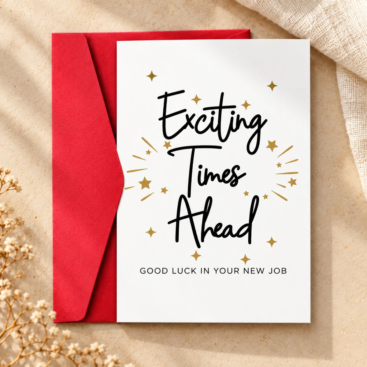 White Exciting Times Ahead greeting card with gold stars, Good Luck in Your New Job message and red envelope.