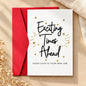 White Exciting Times Ahead greeting card with gold stars, Good Luck in Your New Job message and red envelope.