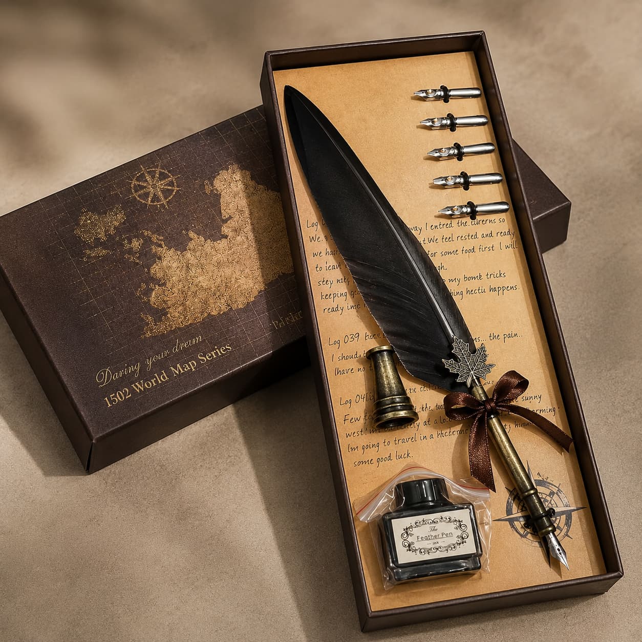 Signature Vintage Maple Leaf Feather Pen Set, Silvery Nib Writing Pen