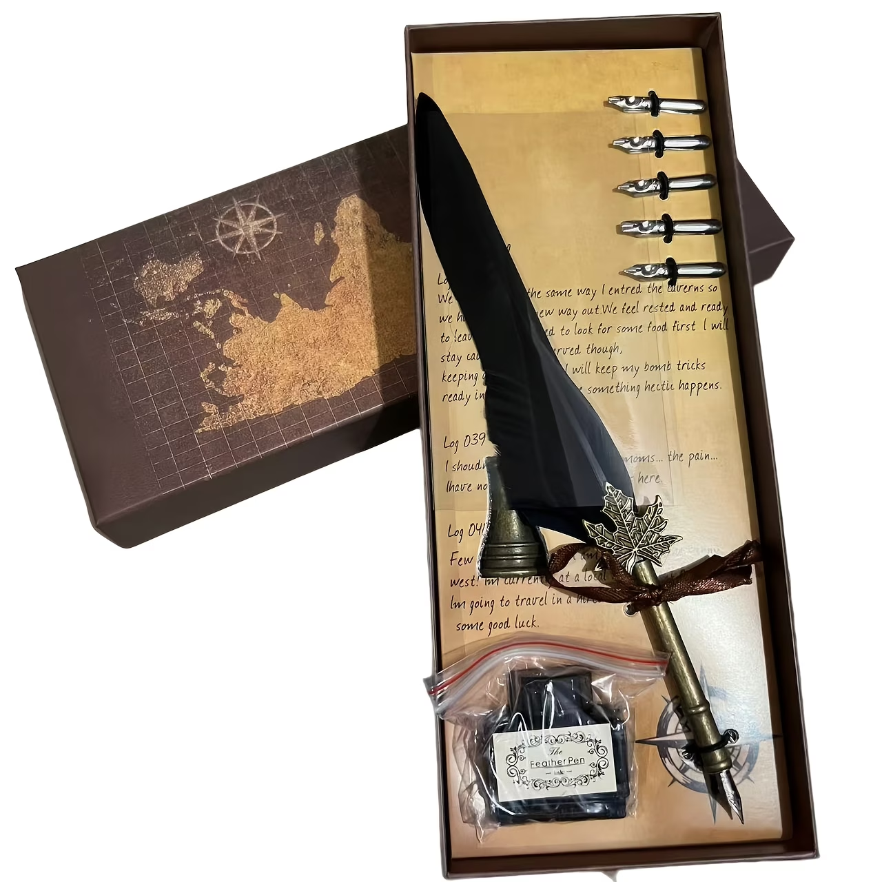Signature Vintage Maple Leaf Feather Pen Set, Silvery Nib Writing Pen