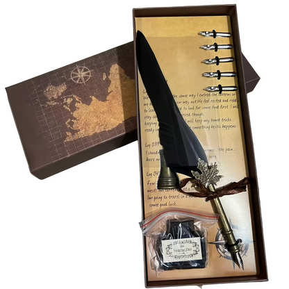 Signature Vintage Maple Leaf Feather Pen Set, Silvery Nib Writing Pen