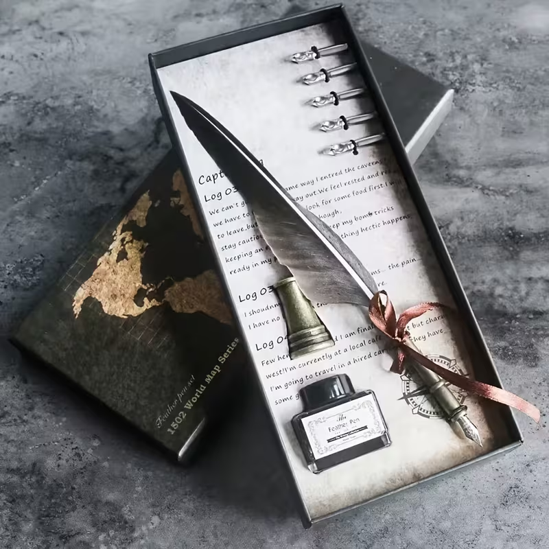 Signature Vintage Maple Leaf Feather Pen Set, Silvery Nib Writing Pen