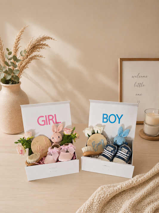 Baby gender reveal gift boxes featuring pink girl and blue boy baby keepsake sets with baby shoes, bunny toys, flowers, and wooden announcement plaques on a neutral beige background.