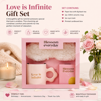 Love Is Infinite Gift Set featuring a pink ceramic mug, black tea, soft eye mask, and elegant gift box designed for relaxation and thoughtful gifting.