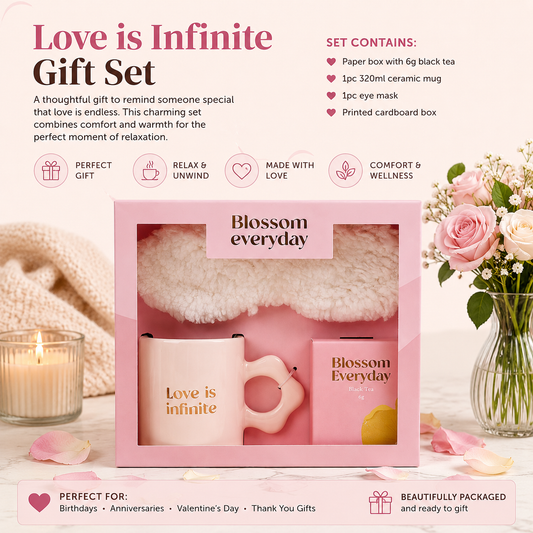 Love Is Infinite Gift Set featuring a pink ceramic mug, black tea, soft eye mask, and elegant gift box designed for relaxation and thoughtful gifting.